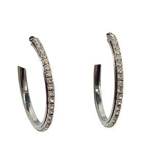Silver Tone Clear Rhinestone Hoop Earrings With Snap Closure 1980s Vintage